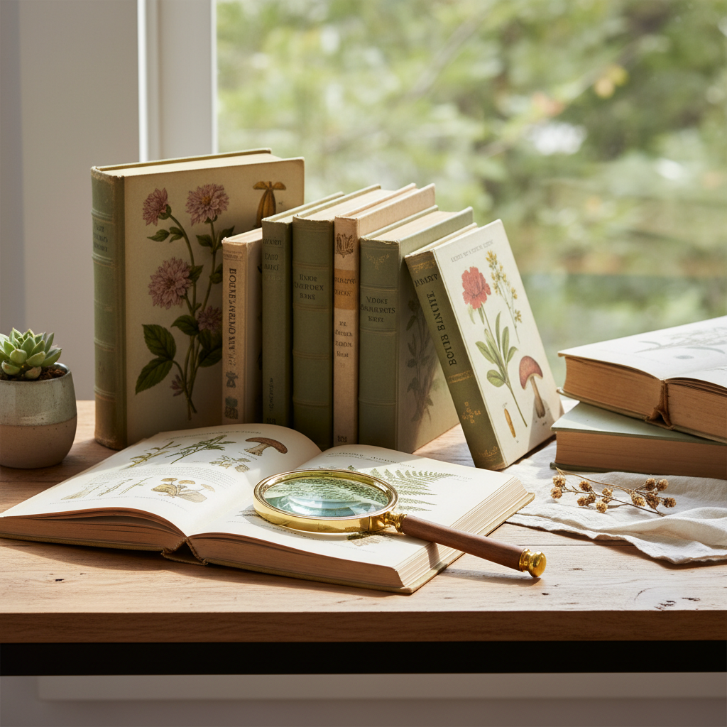 Escritorio de estudio con libros de botánica y una lupa
