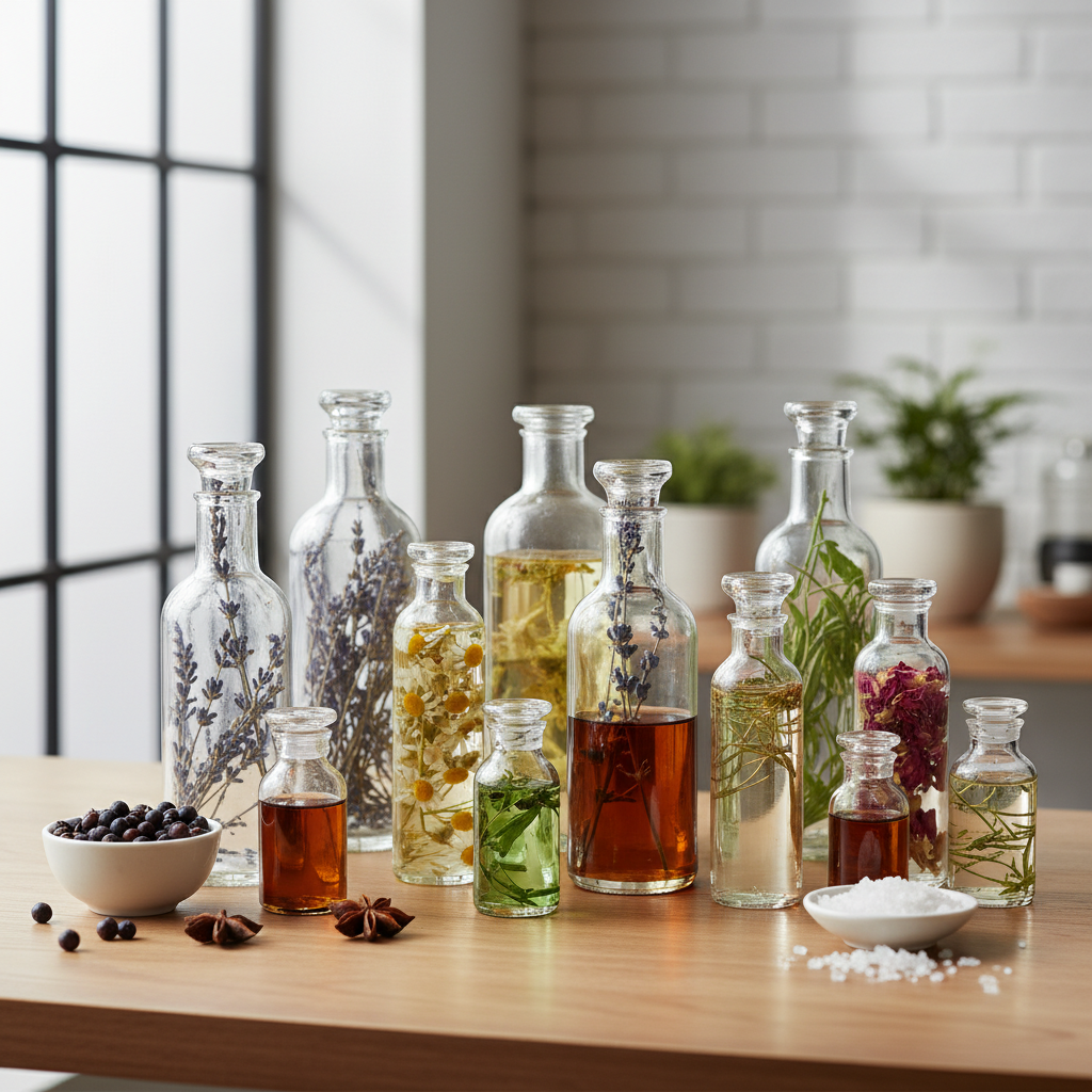 Ingredientes botánicos y aceites esenciales en frascos de vidrio