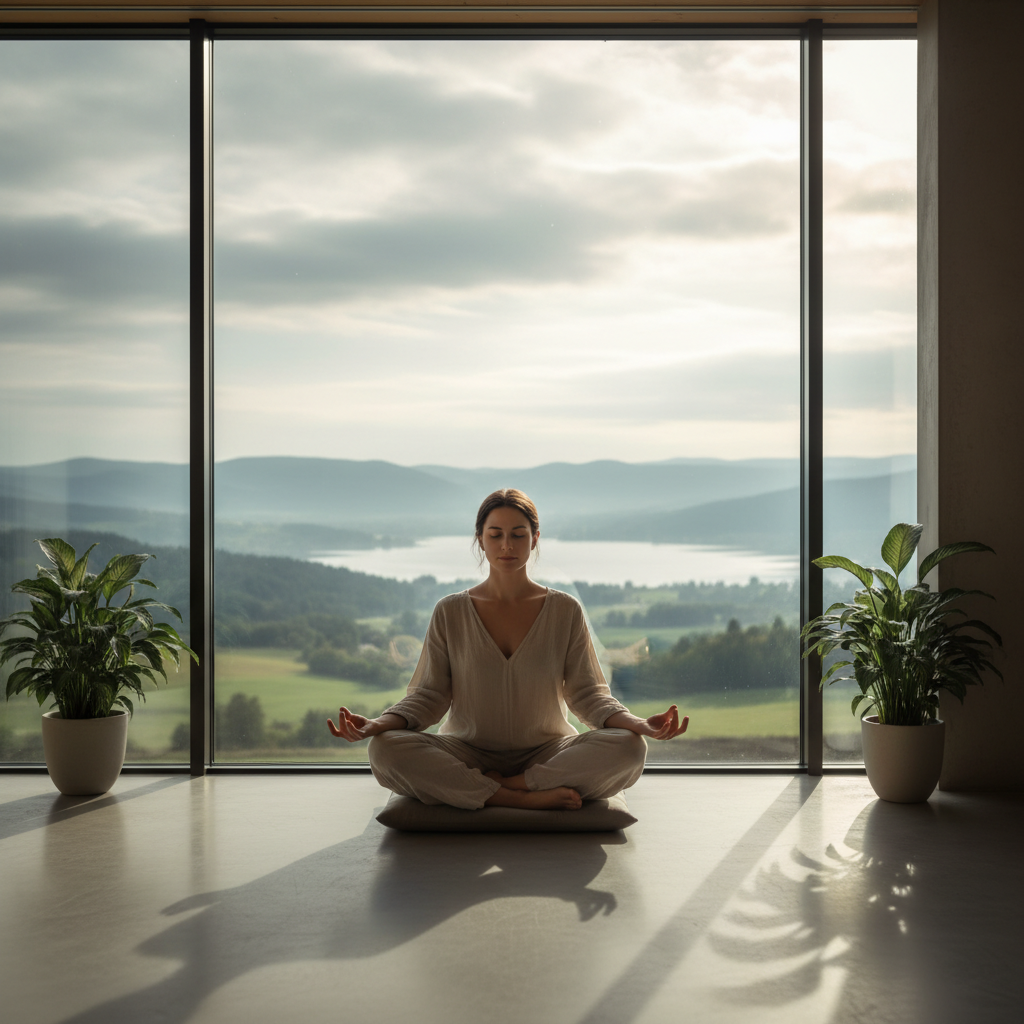 Persona en meditación silenciosa frente a un ventanal