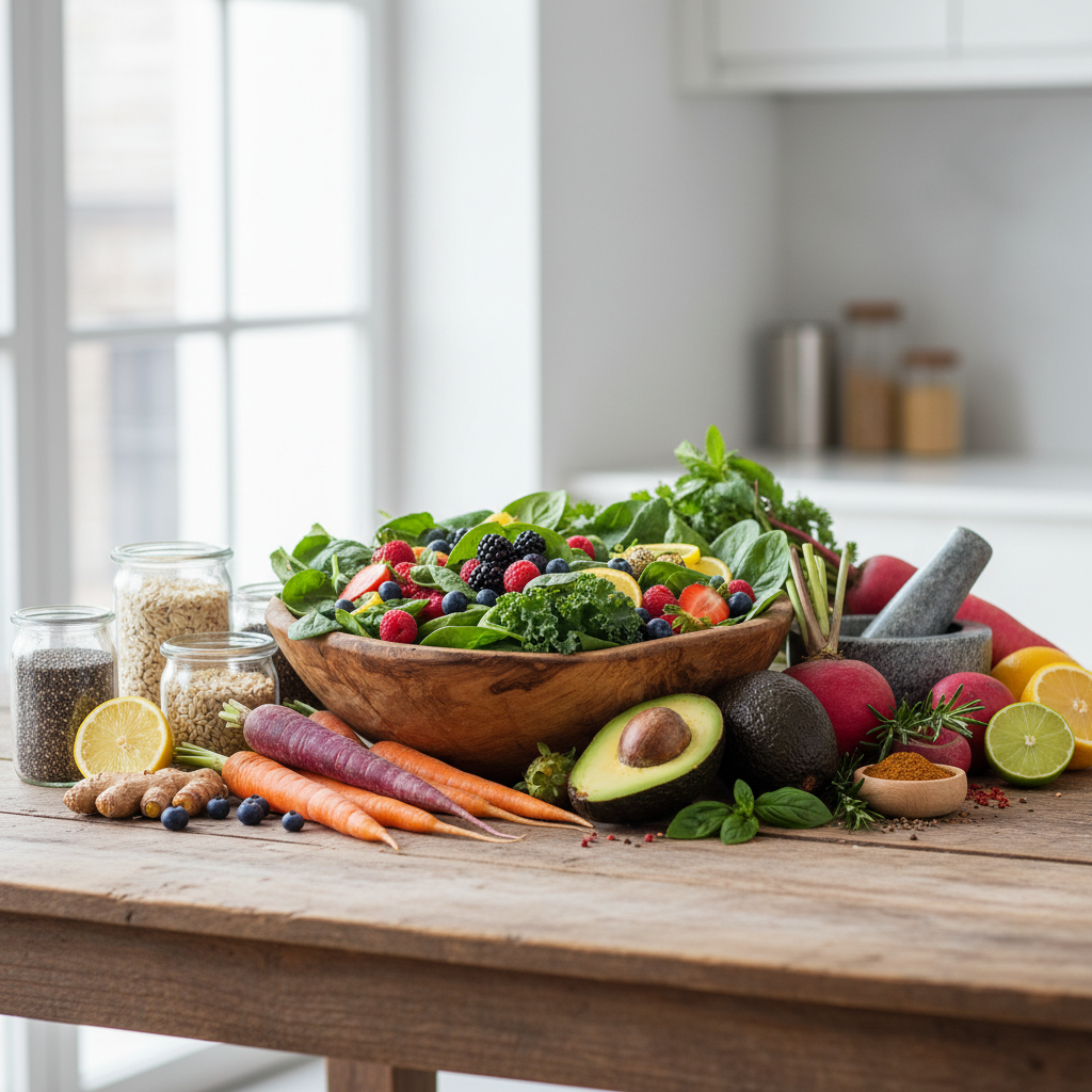 Ingredientes naturales frescos sobre una mesa de madera